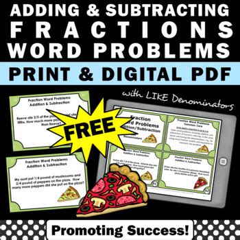 FREE Adding And Subtracting Fractions Word Problems Task Cards 4th