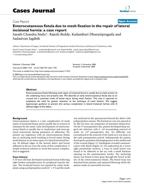 Pdf Enterocutaneous Fistula Due To Mesh Fixation In The Repair Of