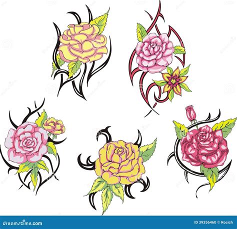 Set of Tribal Rose Flower Tattoos Stock Vector - Illustration of plant ...