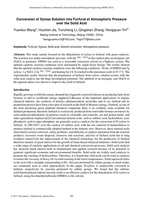 Pdf Conversion Of Xylose Solution Into Furfural At Atmospheric