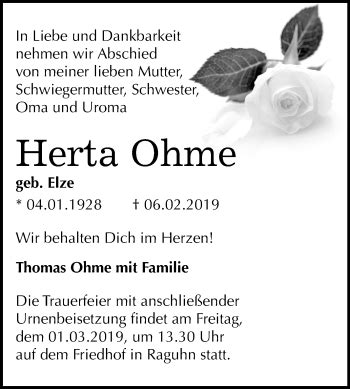 Traueranzeigen Von Herta Ohme Abschied Nehmen De