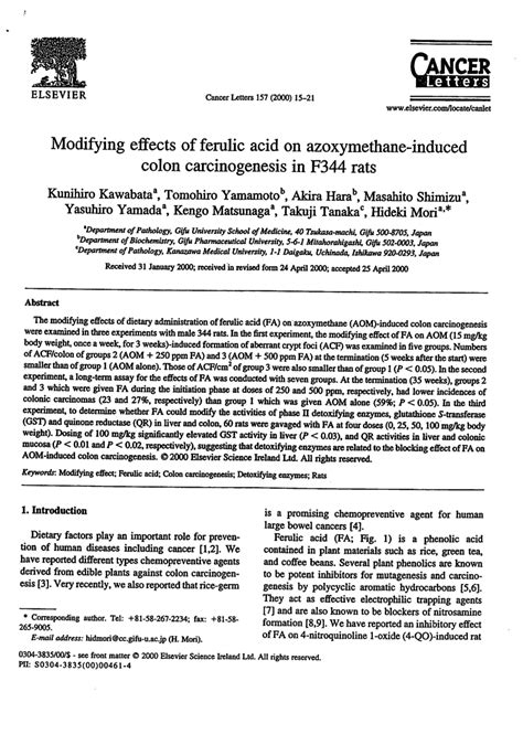 Pdf Modifying Effects Of Ferulic Acid On Azoxymethane Induced Colon