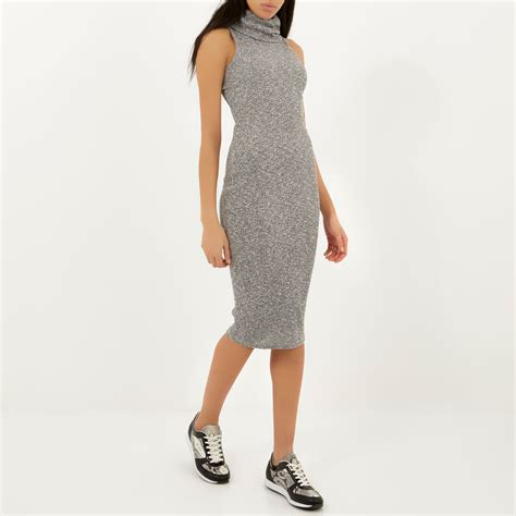 River Island Grey Knitted Bodycon Cowl Neck Midi Dress In Gray Grey