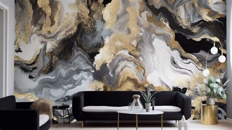 Premium AI Image | A living room with a gold and black wallpaper.