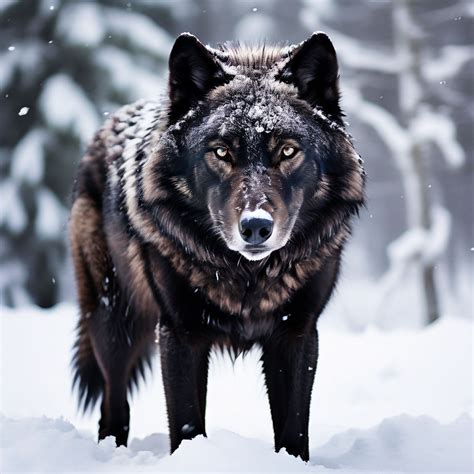 A Big Jet Black Wolf Standing In The Middle Of White Snow By Azib Ali