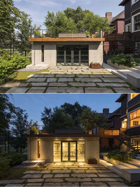 This Garage Was Built With A Rooftop Deck That Includes A Hot Tub