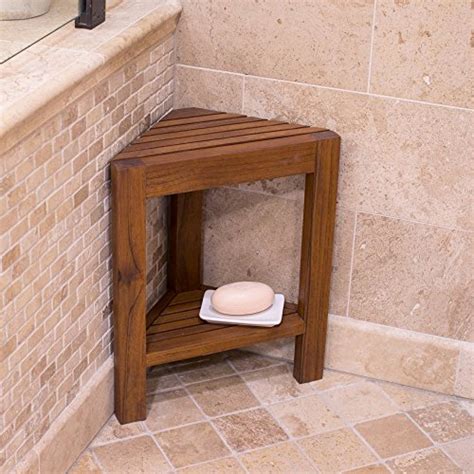 Belham Living Corner Teak Shower Bench with Shelf | Teak Shower Bench