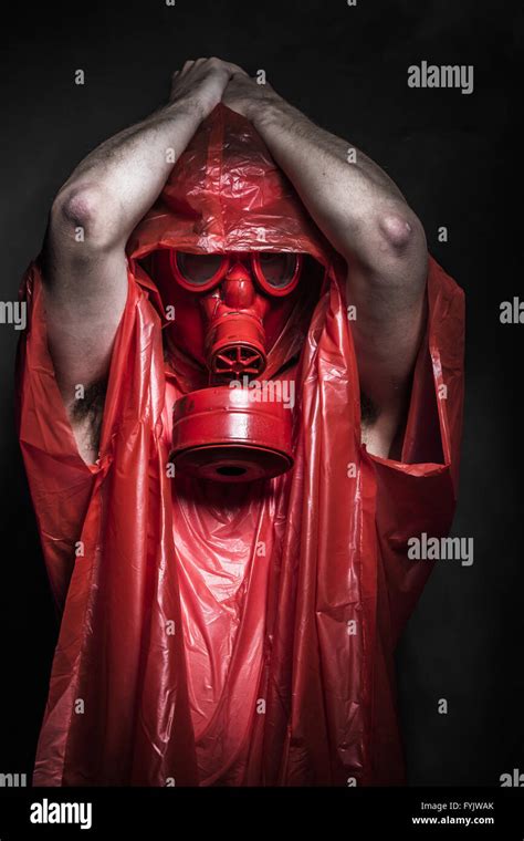 Ebola Infection Concept Man With Red Gas Mask Stock Photo Alamy