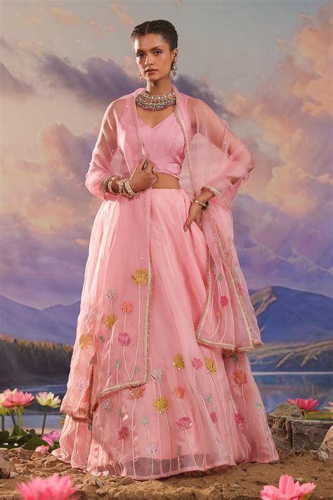 Buy Pink Lehenga And Dupatta Organza Embroidered Floral V Neck Set For