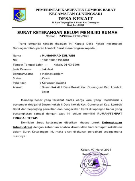 sk  memiliki rumah  pekerjaan desa kekait