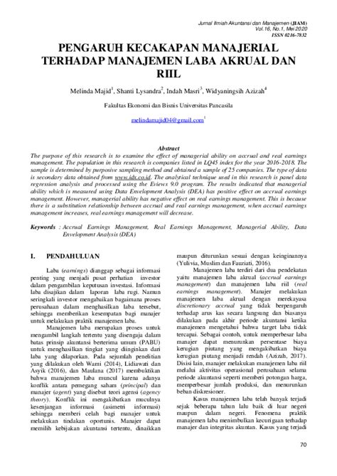 Pdf Pengaruh Kecakapan Manajerial Terhadap Manajemen Laba Akrual Dan Riil Shanti Lysandra