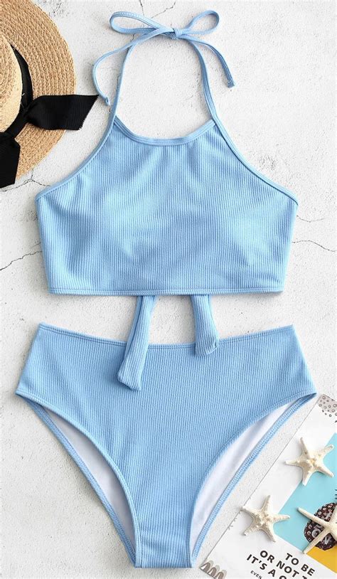 Zaful High Neck Ribbed Tankini Set Light Blue Swimsuit Light Blue