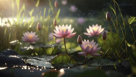 Premium AI Image | A water lily pond with water lilies in the background