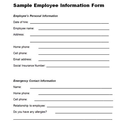 Employee Information Form Template In Microsoft Word Images And