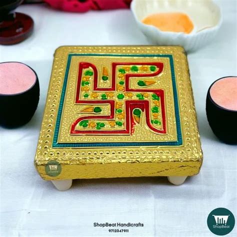 Multicolor Shopbeat Golden Oxidised Swastik Wooden Pooja Chowki X