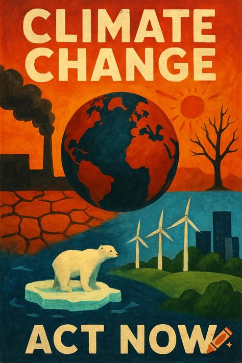 poster showing climate change impacts  solutions  text climate
