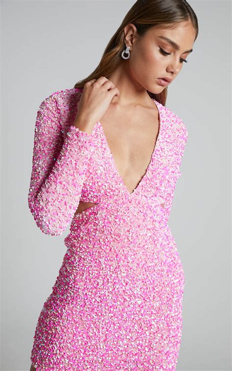 Gabriella Mini Dress Plunge Long Sleeve Cut Out Sequin Dress In Pink