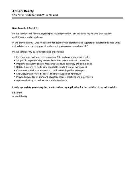 Payroll Specialist Cover Letter Velvet Jobs