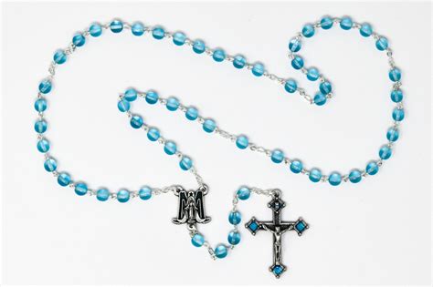 Direct From Lourdes Miraculous Aqua Rosary Beads With M Junction Medal