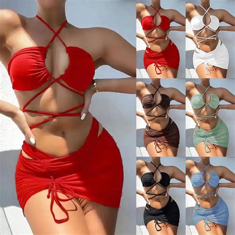 Women Casual Solid Hollow Strap Sexy Bikini Swimwear Bathing Skirt