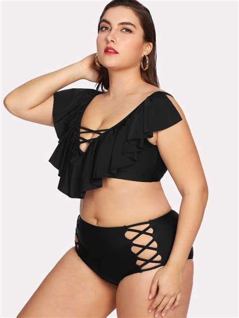 Shein Criss Cross Flounce Bikini Set Sexy Plus Size Swimsuits