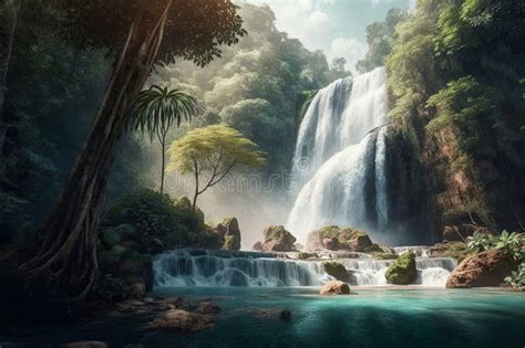 Beautiful Waterfall In Tropical Jungle Cascade Waterfall In Green Tree