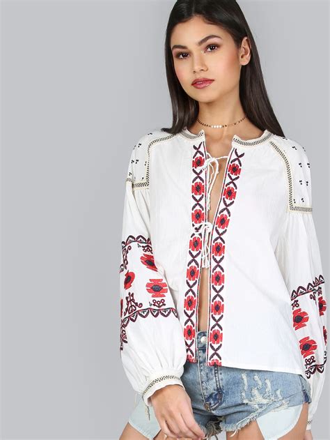 Floral Embroidered Peasant Top White Shein Sheinside