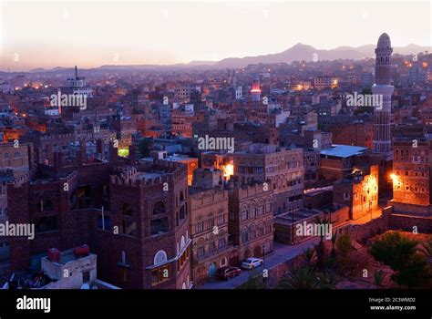 The capital of Yemen. View on the old city from roof at dawn Stock ...