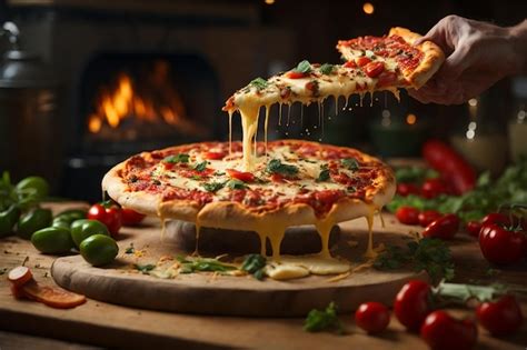 Premium AI Image A Pizza With A Slice Being Lifted Up