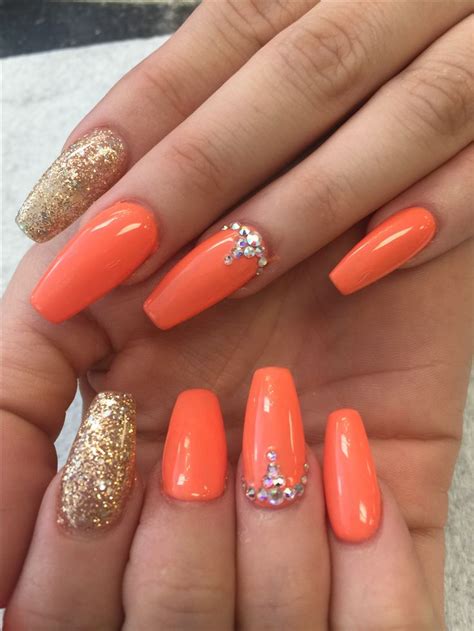 Hot Orange Colors And Rhinestone Designs Orange Acrylic Nails Nails