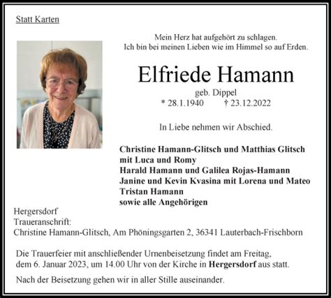 Traueranzeigen Von Elfriede Hamann Vrm Trauer De