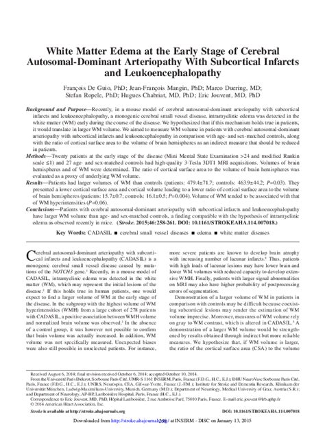 Pdf White Matter Edema At The Early Stage Of Cerebral Autosomal Dominant Arteriopathy With