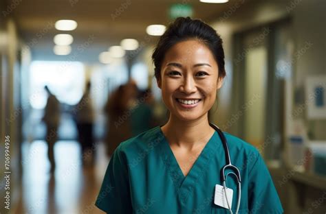 Asian Female Doctor Nurse Medical Worker Smiling Against The Backdrop