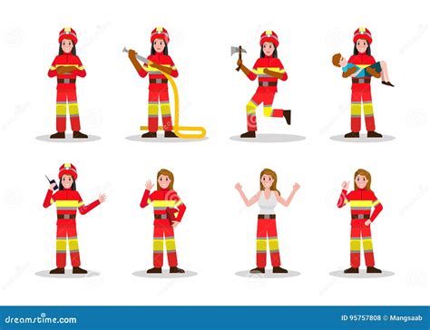 Sets Of Firefighting Fire Woman Character Design In Many Pose Stock