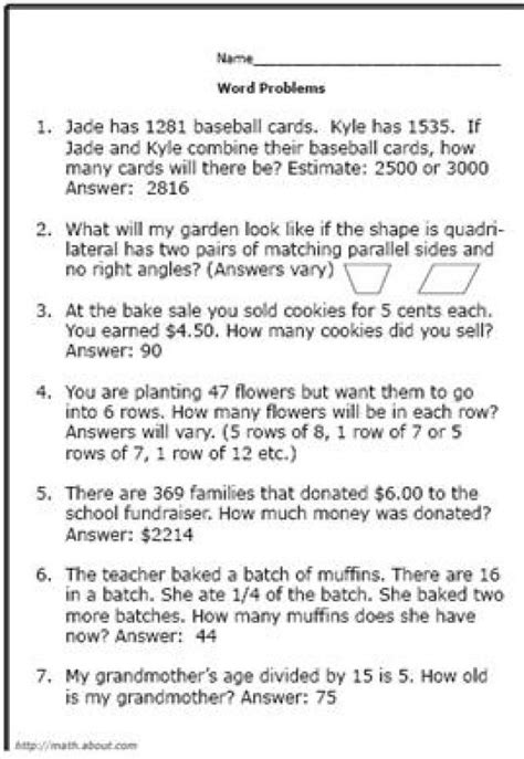 Math Grade Worksheets Word Problems