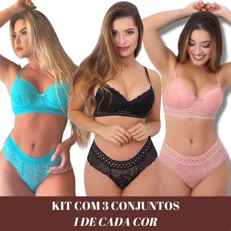 Kit 3 Conjunto Lingerie Calcinha E Sutiã C Bojo Sexy Luxo Frete grátis