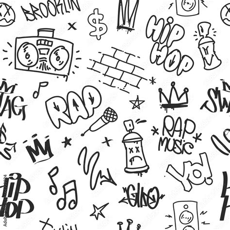 Hip Hop And Rap Doodle Graffiti Tags White Vector Seamless Pattern