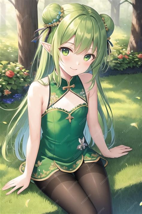 Premium Ai Image Anime Girl In Green Dress Sitting In The Grass