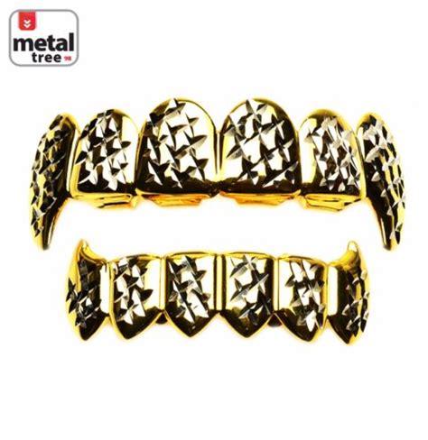 Men S Vampire Fangs Gold Toned Diamond Cut Top Bottom Teeth Grillz Ls020 C2 G Ebay