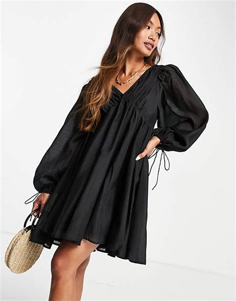 Asos Design Off Shoulder Ruched Mini Dress With Blouson Sleeve In Black Asos