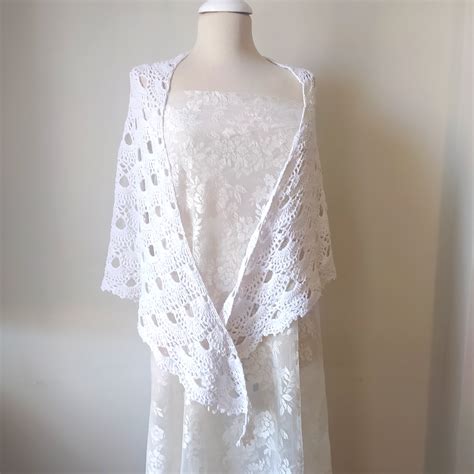 Crochet White Shawl Bridal Shawl Bridal Cover Up Triangle Etsy