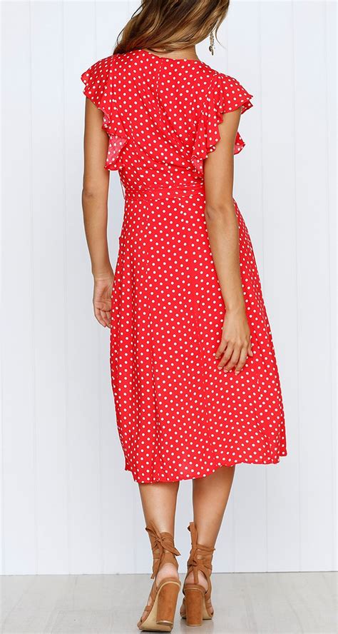 Mitilly Womens Summer Boho Polka Dot Sleeveless V Neck Swing Midi