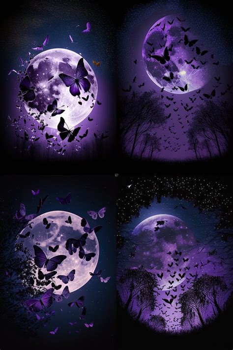 The Full Moon With Purple Butterflies Flying Over It