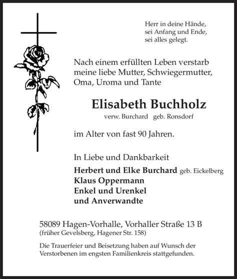 Traueranzeigen Von Elisabeth Buchholz Trauer In NRW De