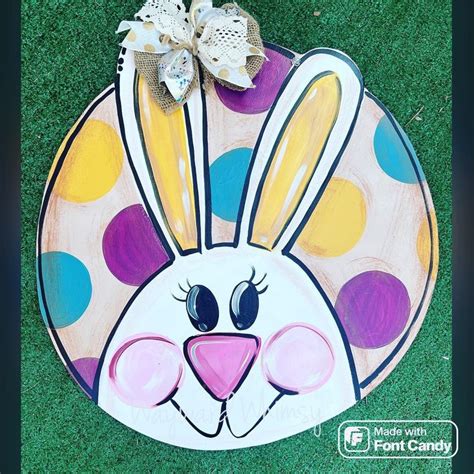 Easter Bunny With Jewel Tone Polka Dots Background Wooden Door Hanger