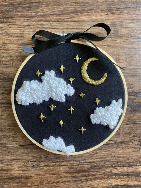 Moon Cloud Stars Embroidery 6 Inch Hoop Nursery Home Decor Wall Art