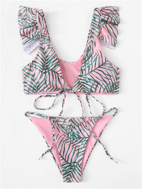 Leaf Print Ruffle Bikini Set SheIn Sheinside Cute Swimsuits