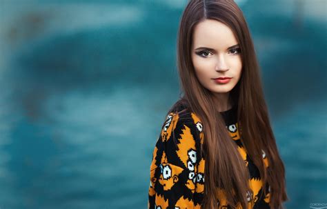 Straight Hair School Uniform Brunette Long Hair Blue Sweater