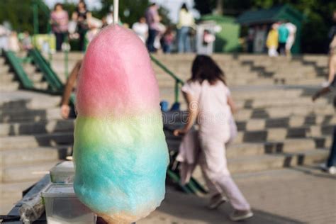 Bright Big Multicolored Cotton Candy Sweet At City Park During Summer