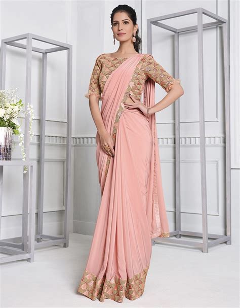 Peach Lycra Pre Pleated Designer Saree Sarees Designer Collection